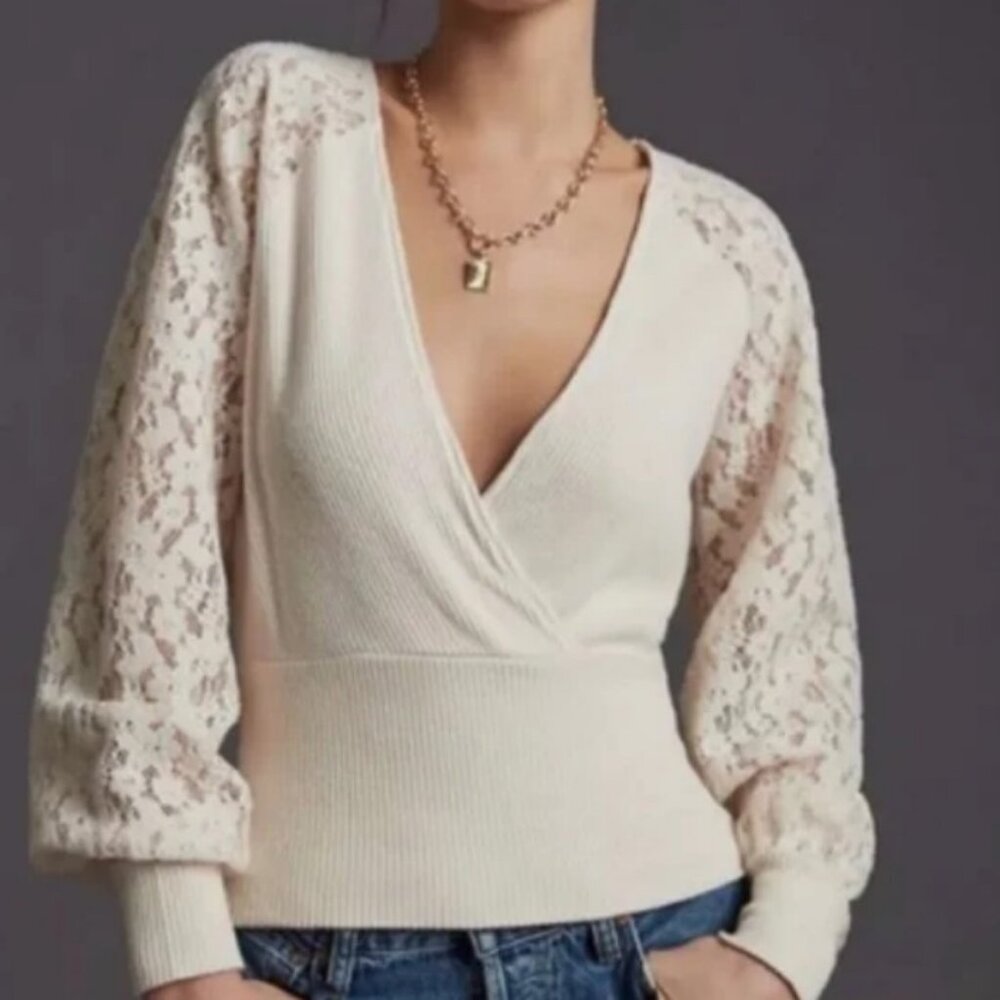 NEW WITH TAGS ANTHROPOLOGIE cream sweater with lace sleeves